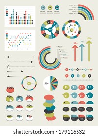 Set of infographic elements. Collection of graphs, charts, speech bubbles, arrows, text fields. Circle template. Simply minimalistic flat design. 