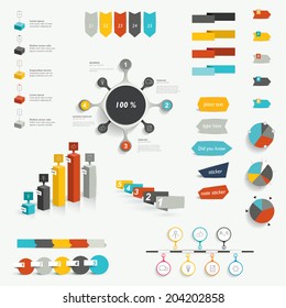 Set of infographic elements. Diagrams, speech bubbles, graphs, pie circle charts and icons. Vector shapes. 