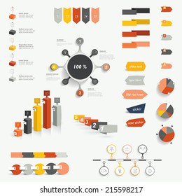 Set of infographic elements. Diagrams, speech bubbles, graphs, pie circle charts and icons. Vector shapes. 
