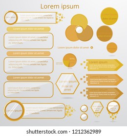 Set of infographic elements in golden sienna colors with cartoon glass circles . Circle, pie chart, world  arrow  timeline, text bubble, diagram, graph vector templates. For web and print . 
