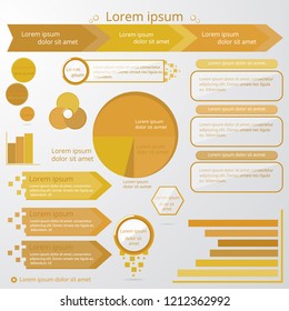 Set of infographic elements in golden sienna colors with cartoon glass circles . Circle, pie chart, world  arrow  timeline, text bubble, diagram, graph vector templates. For web and print . 
