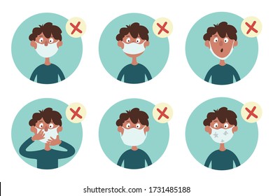 Set of infographic elements. Incorrect wearing of the face mask. Funny cartoon boy wears a mask improperly. Vector illustration isolated on white background.