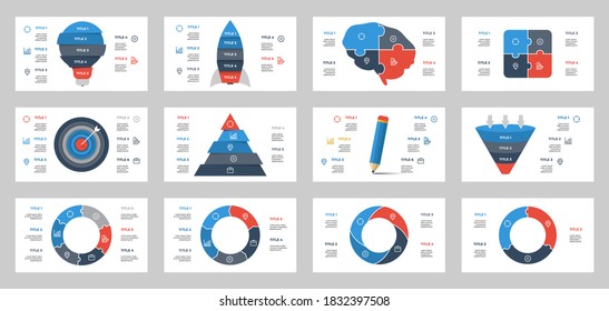 set of infographic elements layout template vector, light bulb, rocket, brain, puzzle, target and arrow, pyramid, pencil, funnel, circle with 3, 4, 5, 6 points, options, list.