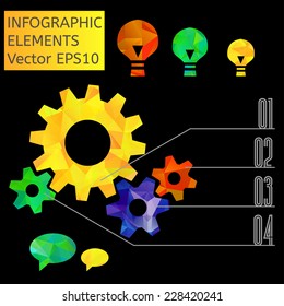 Set of infographic elements with list illustrated on cogwheel, light bulbs and dialog icons