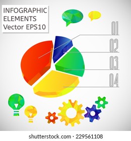 Set of infographic elements with list illustrated on pie diagram, light bulbs, coglwheels and dialog icons