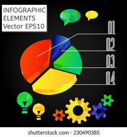 Set of infographic elements with list illustrated on pie diagram, light bulbs, coglwheels and dialog icons