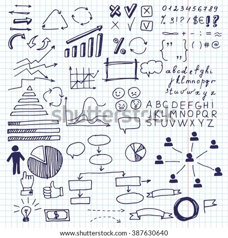 Set of Info-graphic elements, marks, circle, scribbles, highlight frames elements, arrow, underlined, curves, arrows symbols, square and rectangles borders. Isolated on a white sheet in a cage