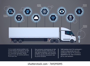 Set Of Infographic Elements With Modern Semi Truck Trailer Charging At Electic Charger Station Vector Illustration