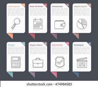 Conjunto de elementos infográficos con números, iconos de línea y lugar para el texto, se puede utilizar como flujo de trabajo, proceso, pasos u opciones, vectorial eps10 ilustración