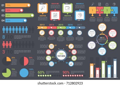 Set of infographic elements on dark background - bar graphs, human infographics, pie charts, steps and options, workflow, puzzle, percents, circle diagram, timeline, vector eps10 illustration