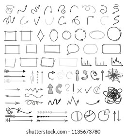 Set of infographic elements on isolated background. Collection of different signs. Hand drawn simple elements. Clouds with inscriptions. Circles, arrows and frames. Black and white illustration