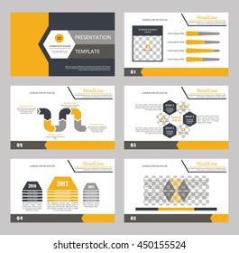 Set of infographic elements. Presentation template. Book cover design. Abstract composition. A4 brochure. Title sheet. Modern. Hexahedron Yellow. Dark blue. Gray. Creative. Vector illustration.