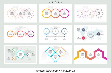 Set of infographic elements. Presentations, graphs, charts, diagrams with 3 steps, options. Vector templates.