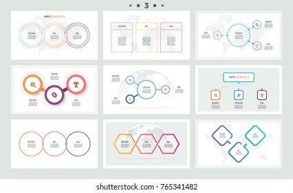 Set of infographic elements. Presentations, graphs, charts, diagrams with 3 steps, options. Vector templates.