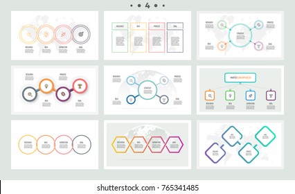 Set of infographic elements. Presentations, graphs, charts, diagrams with 4 steps, options. Vector templates.