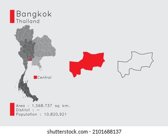 A Set of Infographic Elements for the Province Bangkok Position in Thailand. and Area District Population and Outline. Vector with Gray Background.