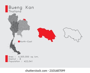 Un conjunto de elementos infográficos para la posición de Bueng Kan en Tailandia. y Area District Population and Schema. Vector de fondo gris.