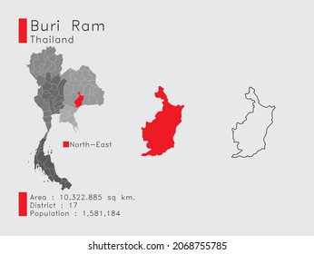 A Set of Infographic Elements for the Province Buri Ram Position in Thailand. and Area District Population and Outline. Vector with Gray Background.