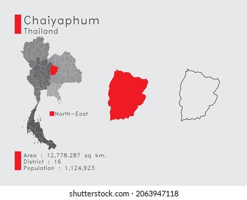 A Set of Infographic Elements for the Province Chaiyaphum Position in Thailand. and Area District Population and Outline. Vector with Gray Background.