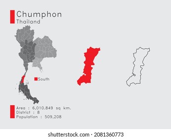 A Set of Infographic Elements for the Province Chumphon Position in Thailand. and Area District Population and Outline. Vector with Gray Background.