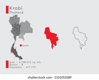 A Set of Infographic Elements for the Province Krabi Position in Thailand. and Area District Population and Outline. Vector with Gray Background.