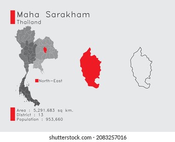 Un conjunto de elementos infográficos para la posición de la provincia Maha Sarakham en Tailandia. y Area District Population and Schema. Vector de fondo gris.