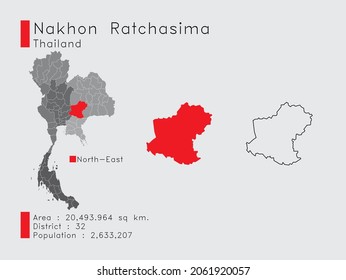 Un conjunto de elementos infográficos para la posición de la provincia de Nakhon Ratchasima en Tailandia. Vector de fondo gris.