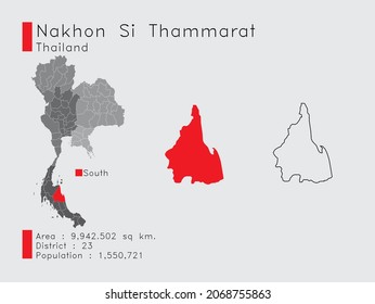 A Set of Infographic Elements for the Province Nakhon Si Thammarat Position in Thailand. and Area District Population and Outline. Vector with Gray Background.