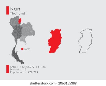 Un conjunto de elementos infográficos para la posición de la provincia de Nan en Tailandia. y Area District Population and Schema. Vector de fondo gris.