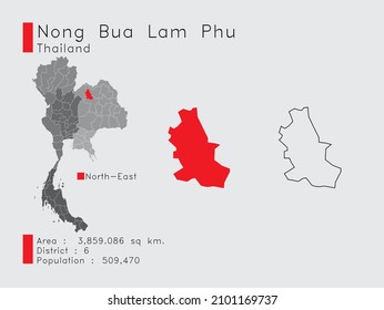 Eine Reihe von Infografiken für die Provinz Nong Bua Lam Phu Position in Thailand. und Area District Population and Outline. Vektorgrafik auf grauem Hintergrund.