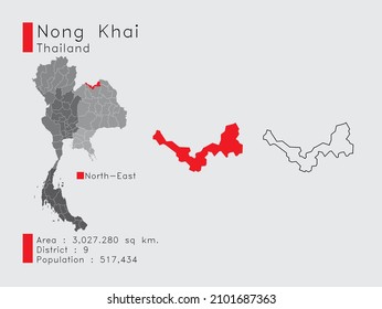 Un conjunto de elementos infográficos para la posición de la provincia de Nong Khai en Tailandia. y Area District Population and Schema. Vector de fondo gris.
