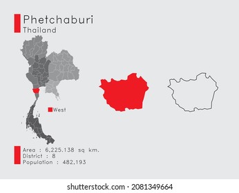A Set of Infographic Elements for the Province Phetchaburi Position in Thailand. and Area District Population and Outline. Vector with Gray Background.