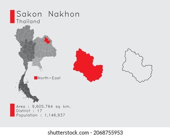 Eine Reihe von Infografiken für die Provinz Sakon Nakhon Position in Thailand. und Area District Population and Outline. Vektorgrafik auf grauem Hintergrund.