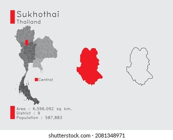 Un conjunto de elementos infográficos para la posición de la provincia de Sukhothai en Tailandia. y Area District Population and Schema. Vector de fondo gris.