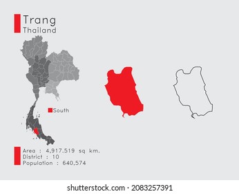 Eine Reihe von Infografiken für die Provinz Trang Position in Thailand. und Area District Population and Outline. Vektorgrafik auf grauem Hintergrund.