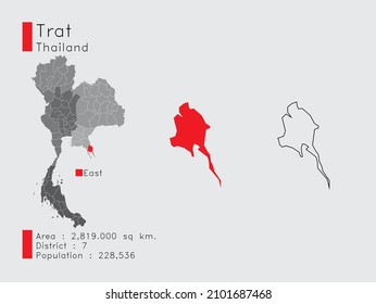 Eine Reihe von Infografiken für die Trat Position in Thailand. und Area District Population and Outline. Vektorgrafik auf grauem Hintergrund.