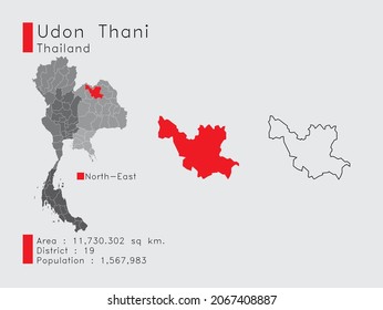 A Set of Infographic Elements for the Province Udon Thani Position in Thailand. and Area District Population and Outline. Vector with Gray Background.