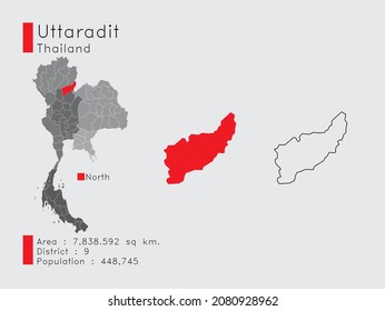 Un conjunto de elementos infográficos para la posición de la provincia de Uttaradit en Tailandia. y Area District Population and Schema. Vector de fondo gris.