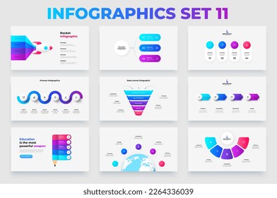 Conjunto de elementos infográficos. Cohetes, lápiz, embudo, tierra, líneas de tiempo y diagrama de flujo.