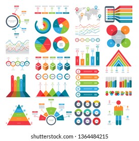 Set of infographic elements with simple templates for business analytics, data visualization, presentation. Vector kit with diagrams, histograms, timeline, pie charts.