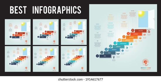 Conjunto de elementos infográficos. Concepto de estrategia comercial exitoso. Escaleras de colores y puerta abierta, sol y cielo brillantes, íconos y lugar para el texto. 