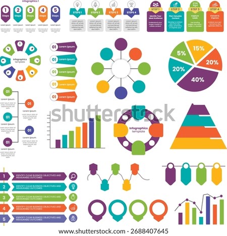 Set of infographic elements and templates. Business infographic collection with charts, timelines, steps, and options for data visualization and presentation design. Vector illustration