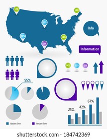 Set of infographic elements with USA continental map. Map reference from wikipedia public domain.