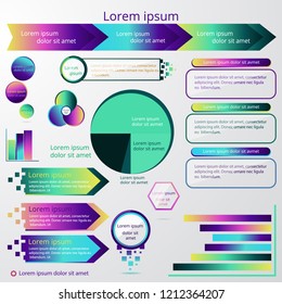 Set of infographic elements in violet pink yellow and more colors with cartoon glass circles, pie chart, world  arrow  timeline, diagram, graph vector templates. For web and print , fluent desing 
