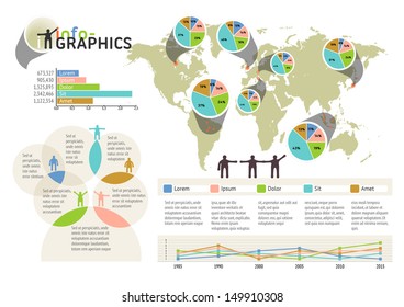 Set of infographic elements. Visual statistic information on world map. EPS 10 vector, transparencies used. The map image is derived from the materials of the University of Texas Libraries.