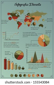 Set of infographic elements with world map, statistics and diagrams. Colorful vector illustration. Easy to edit.