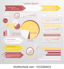 Set of infographic elements in yellow white and strawberry colors with cartoon glass circles. Circle, pie chart, world  arrow  timeline, text bubble, diagram, graph vector templates. For web and print