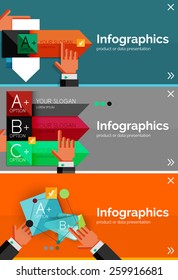 Juego de banner de diseño plano de infografía con las manos mostrando el producto o los datos