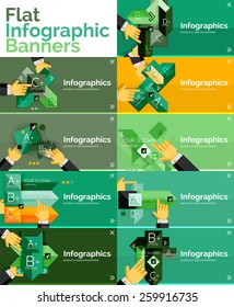 Juego de banner de diseño plano de infografía con las manos mostrando el producto o los datos