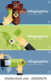 Juego de banner de diseño plano de infografía con las manos mostrando el producto o los datos